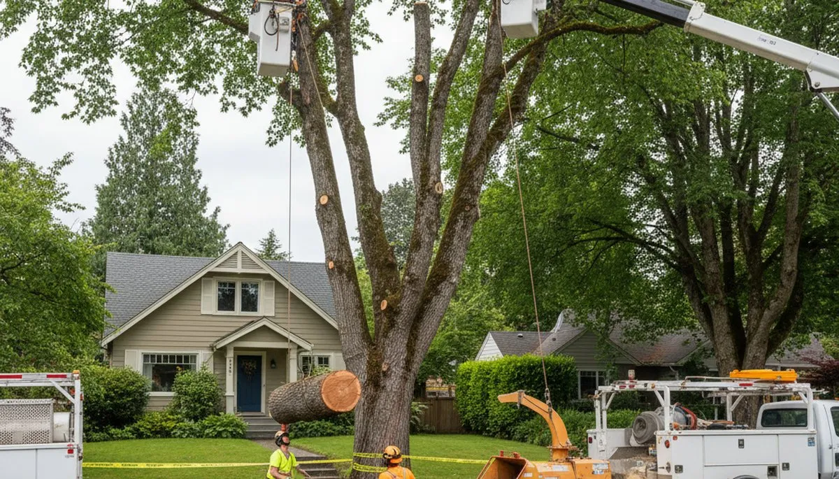 Seattle arborists using chainsaws and bucket trucks for professional tree removal at a residential property