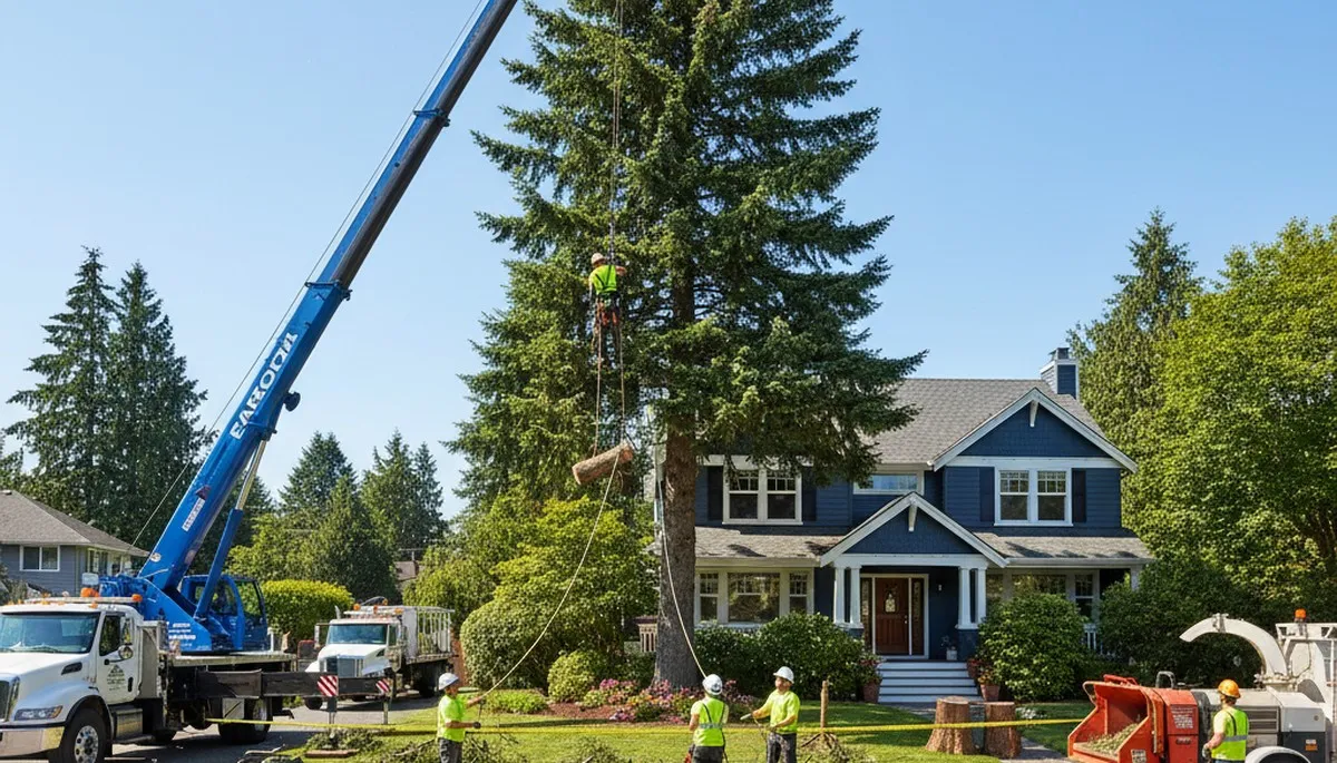 Arborists removing large tree with bucket truck in Bothell, WA for Seattle tree removal service