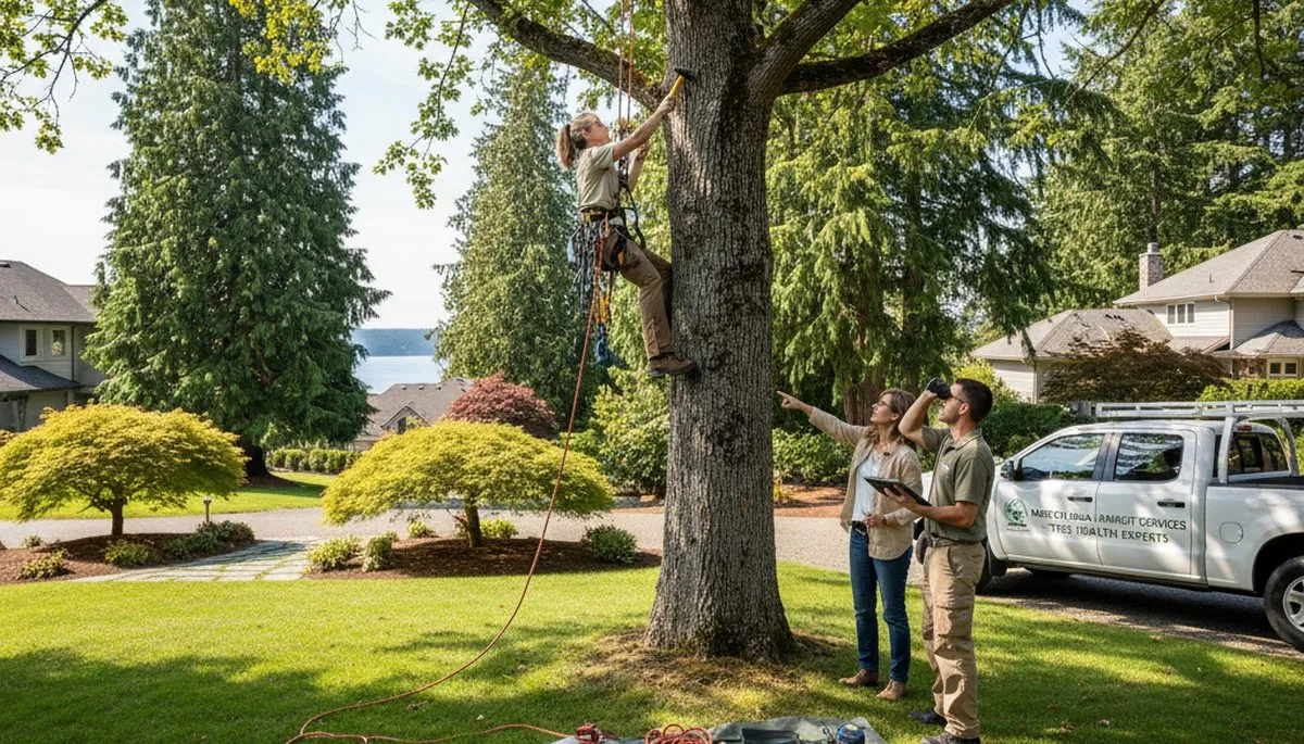 Certified arborist performing tree health assessment for homeowners in Mercer Island, WA